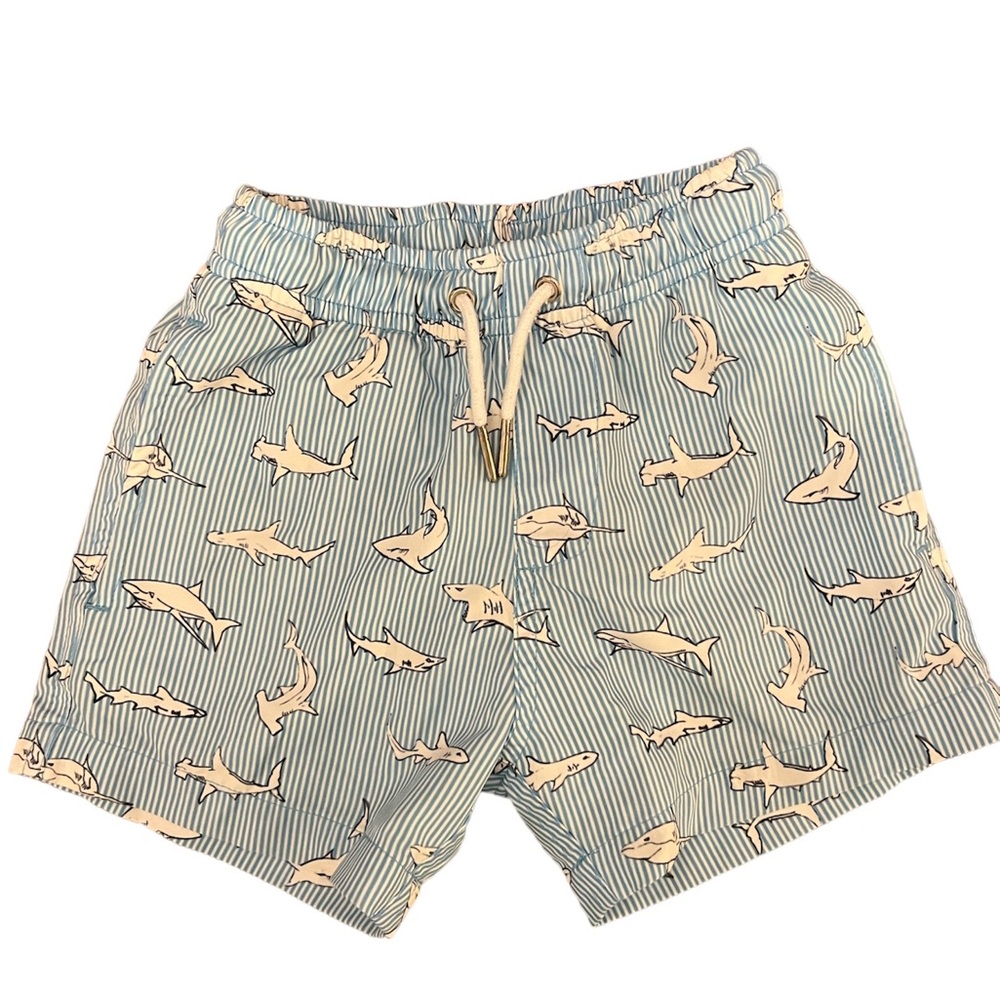 Bermies Boys Size 2 Swim Trunks Stripes Sharks Blue White.